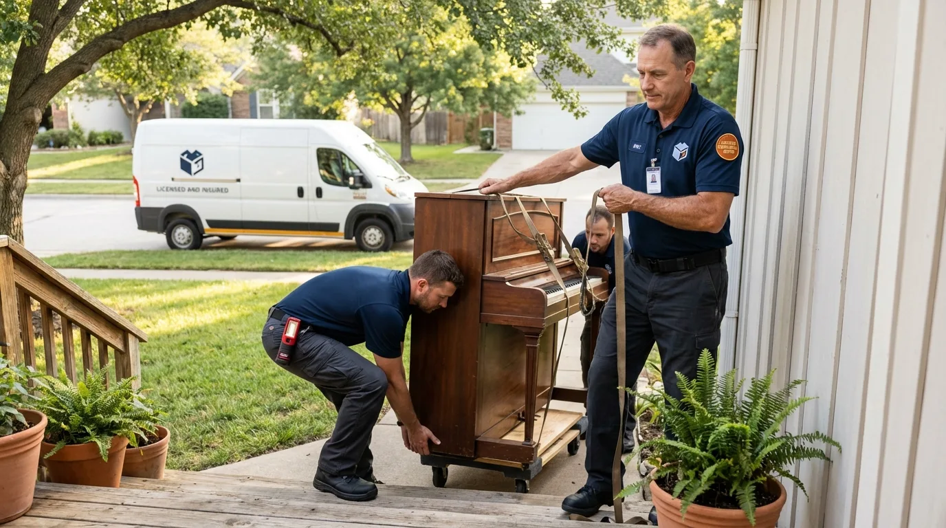 Licensed piano movers securing grand piano in Eldridge, CA