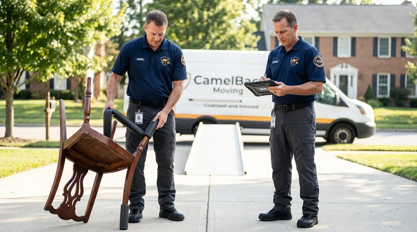 Movers inspecting furniture for damage prevention before loading in Eldridge, CA