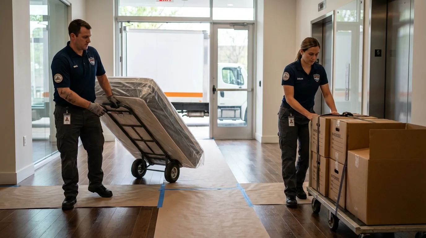 Professional apartment movers loading elevator in Eldridge, CA